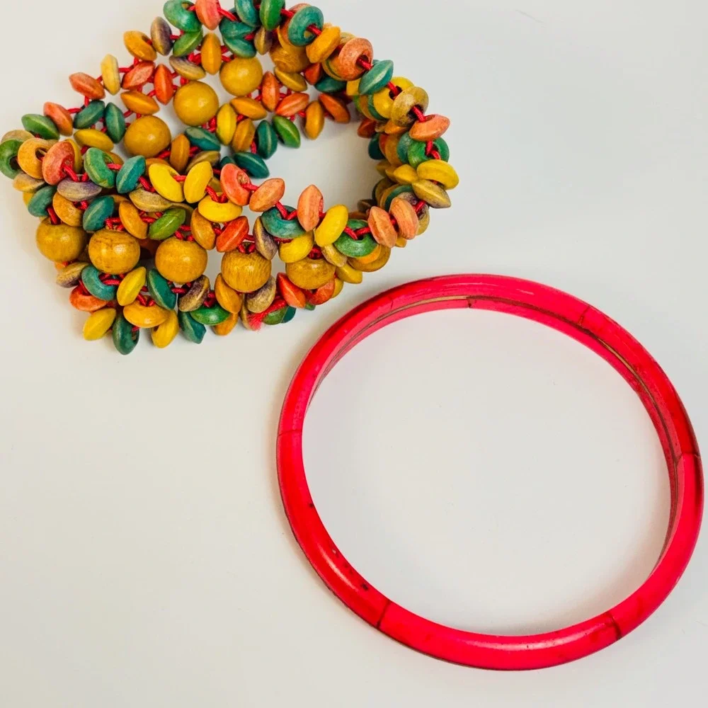 Vintage Bracelet Set Multicolor Wood Bead Stretch Pink Bangle Boho Statement